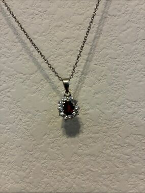 Sterling Silver Red / Burgundy Garnet Pendant Halo  Accent Vintage old